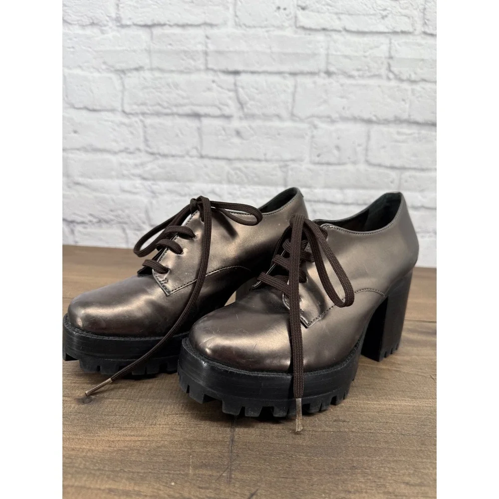 Schutz Metallic Platform Heels Womens 37 Bronze Lace Up Lug Sole Chunky Y2K